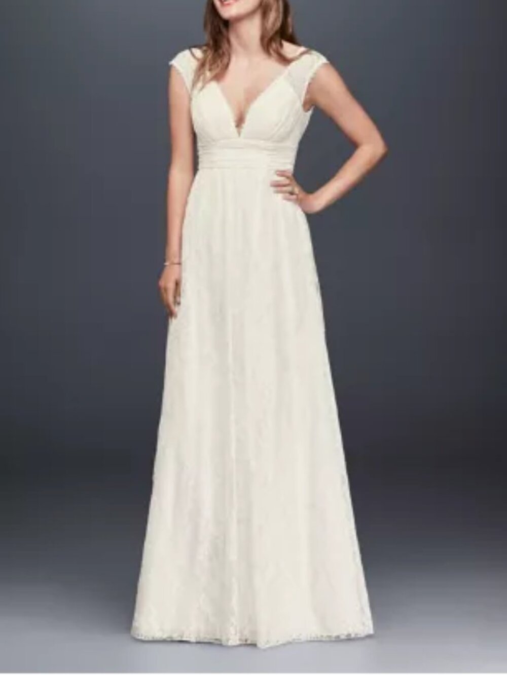 Galina Lace Sheath Wedding Dress w/Illusion Cap Sleeves and Banded Empire Waist